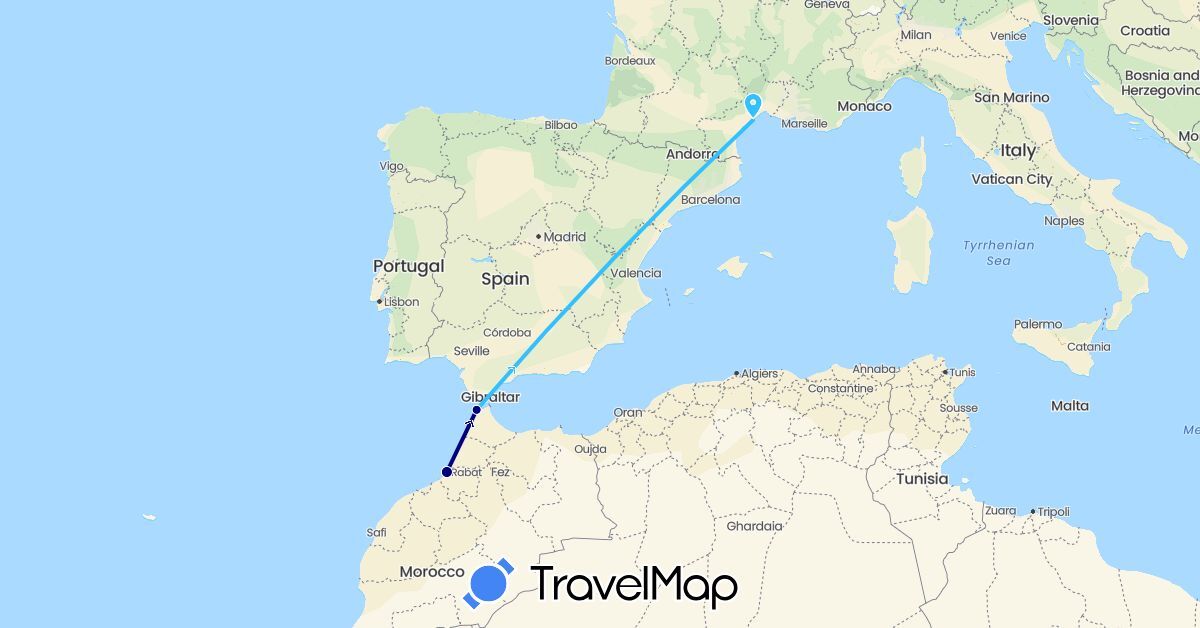 TravelMap itinerary: driving, boat in France, Morocco (Africa, Europe)